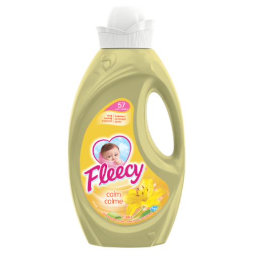 Fleecy Calm liquid fabric softener 1.36L yellow bottle with baby logo and lily flower, 57 loads for long lasting freshness.
