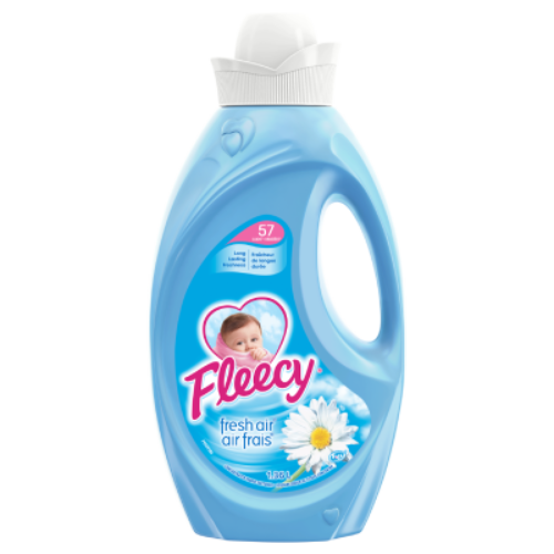 Fleecy Fresh Air liquid fabric softener 1.36L bottle with baby logo and daisy, 57 loads of long lasting freshness.