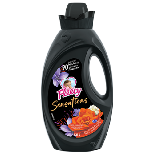 Fleecy Sensations Brazilian Paradise liquid fabric softener, 1.36L black bottle, offers 90 days of freshness with tropical floral scents.