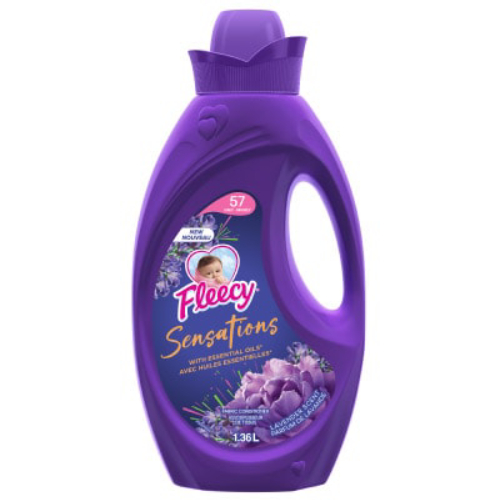 Fleecy Sensations Lavender liquid fabric softener with essential oils, 1.36L purple bottle for 57 loads, long-lasting floral fragrance for clothes.