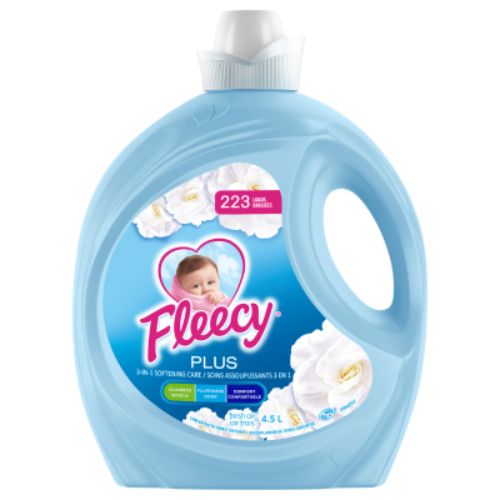 Fleecy Plus 3-in-1 Fresh Air liquid fabric softener 4.5L bottle, 223 loads, featuring baby logo and white roses for silkiness and fluffiness.