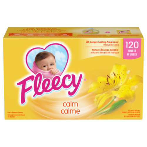 Fleecy Calm dryer sheets 120 count yellow box, reduces static with 2x longer lasting fragrance, featuring baby logo and yellow lily flower.