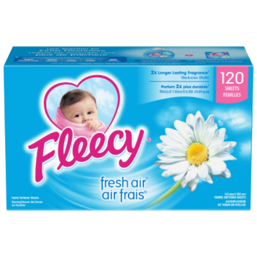 Fleecy Fresh Air dryer sheets 120 count box, reduces static with 2x longer lasting fragrance, featuring baby logo and white daisy.