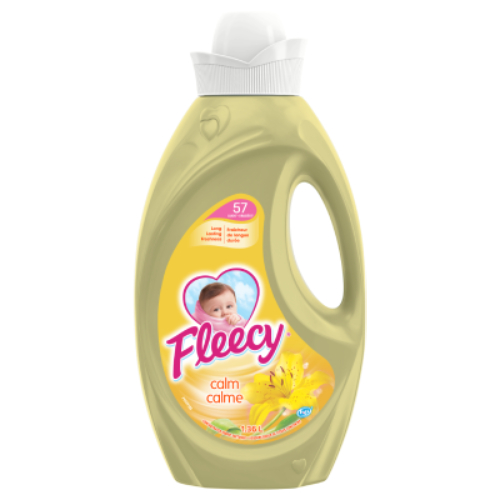 Fleecy Calm liquid fabric softener 1.36L yellow bottle with baby logo and lily flower, 57 loads for long lasting freshness.