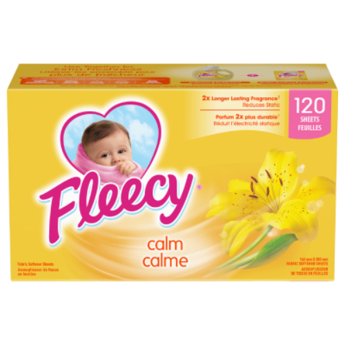 Fleecy Calm dryer sheets 120 count yellow box, reduces static with 2x longer lasting fragrance, featuring baby logo and yellow lily flower.