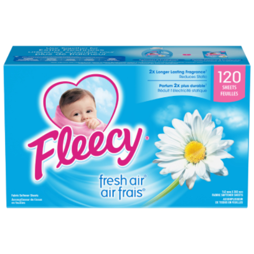 Fleecy Fresh Air dryer sheets 120 count box, reduces static with 2x longer lasting fragrance, featuring baby logo and white daisy.