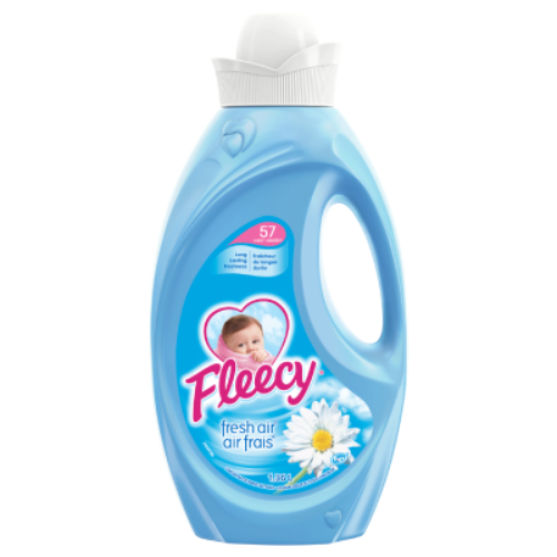 Fleecy Fresh Air liquid fabric softener 1.36L bottle with baby logo and daisy, 57 loads of long lasting freshness.
