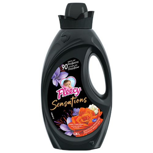 Fleecy Sensations Brazilian Paradise liquid fabric softener, 1.36L black bottle, offers 90 days of freshness with tropical floral scents.