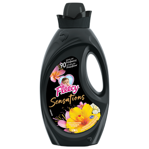 Fleecy Sensations Hawaiian Escape fabric conditioner, 1.36L bottle, provides 90 days of freshness with tropical floral scents and long-lasting aroma.