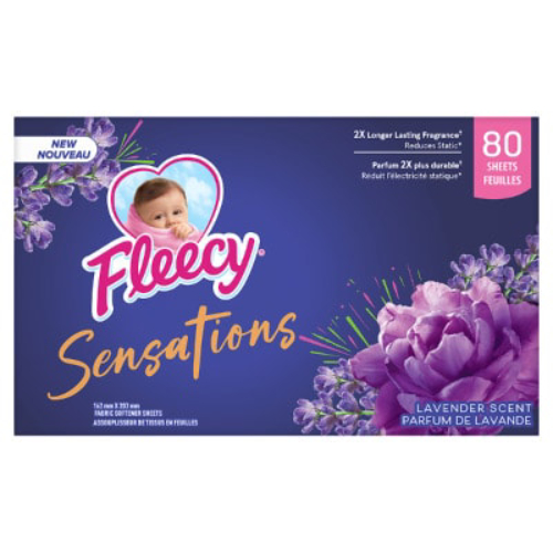 Fleecy Sensations Lavender dryer sheets, 80 count box, 2X longer lasting fragrance and static reduction for soft, fresh-scented laundry.