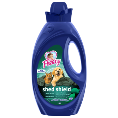 Fleecy Shed Shield liquid fabric softener, 1.36L bottle, repels pet hair and fights odors, light scent formula for pet-friendly laundry care.