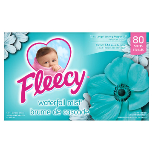 Fleecy Waterfall Mist dryer sheets, 80 count box, 1.5x longer lasting fragrance and static reduction for fresh, soft laundry with a clean scent.