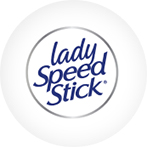 Lady Speed Stick logo in blue cursive typography inside a silver circular frame on a clean white background.