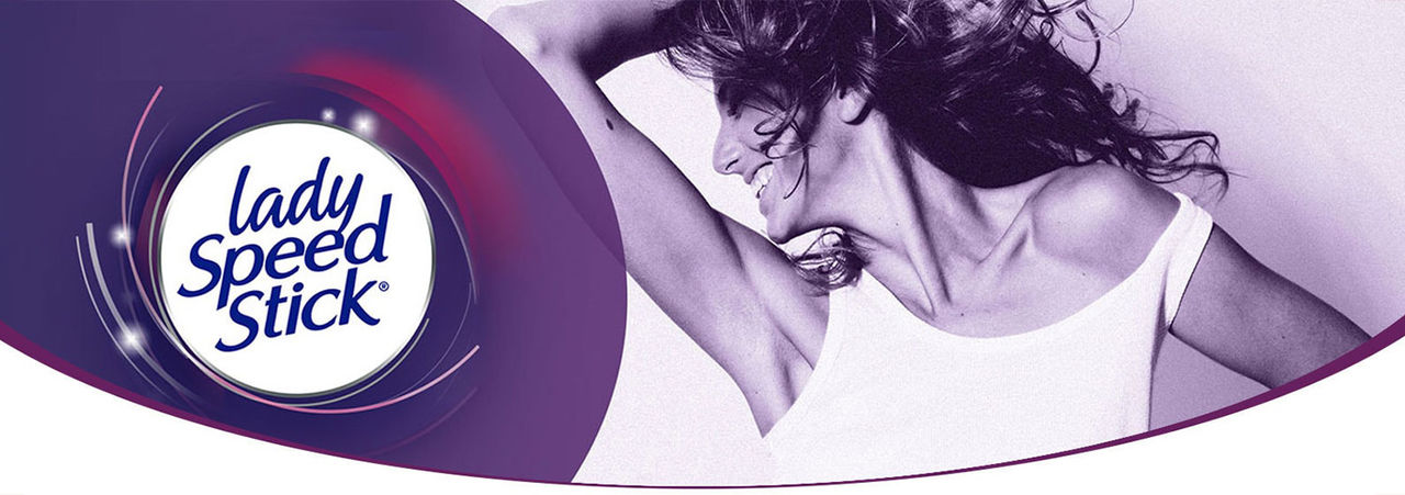 Lady Speed Stick logo with a smiling woman raising her arm in a purple-toned deodorant ad