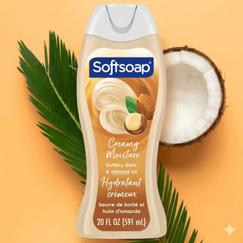 Softsoap Creamy Moisture body wash with shea and almond oil, English and French Canadian label, with a coconut and palm leaf on an orange background.