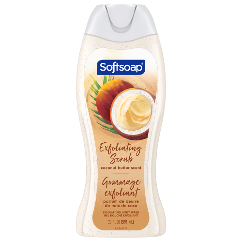 Front view of a 20-fluid-ounce bottle of Softsoap Coconut Butter Exfoliating Body Wash. The label depicts a whole coconut cut in half, revealing creamy white flesh and green leaves.