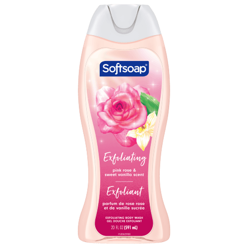A 20-ounce bottle of Softsoap Exfoliating Pink Rose & Sweet Vanilla Body Wash. The label features a large, blooming pink rose and a white vanilla flower with a green leaf, set against a sparkling pink background.