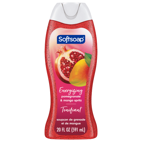 Front view of a 20-fluid-ounce bottle of Softsoap "Pomegranate and Mango Spritz" moisturizing body wash. The label features juicy pomegranate seeds and a sliced ​​mango, accompanied by green leaves.