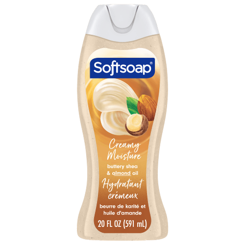 Softsoap Creamy Moisture body wash with buttery shea and almond oil, bilingual English and French Canadian label on a 591 mL bottle.