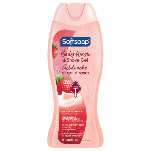 Softsoap 2 in 1 Moisturizing Body Wash and Shave Gel, Creamy Strawberry scent. 20 fluid ounce (591 milliliter) bottle with English and French labeling.