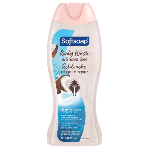 Softsoap 2 in 1 Moisturizing Body Wash and Shave Gel, Rich Coconut scent. 20 fluid ounce (591 milliliter) bottle with English and French labeling.