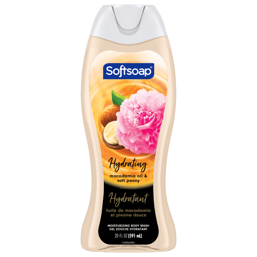 Softsoap Moisturizing Body Wash, Luminous Oils Macadamia Oil & Soft Peony, 591 mL bottle. The label features a pink peony and macadamia nuts.