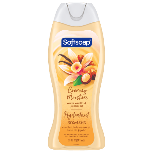 A high-resolution front view of the Softsoap Warm Vanilla & Jojoba Oil Moisturizing Body Wash bottle. The label features a swirling golden design with vanilla flowers and jojoba nuts, identifying it as "Creamy Moisture."