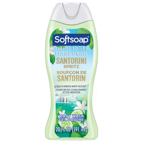 Front view of a 20-fluid-ounce bottle of Softsoap Santorini Spritz moisturizing body wash. The label depicts a Mediterranean coastal village with buildings topped by blue domes, as well as blueberries and bergamot citrus fruits