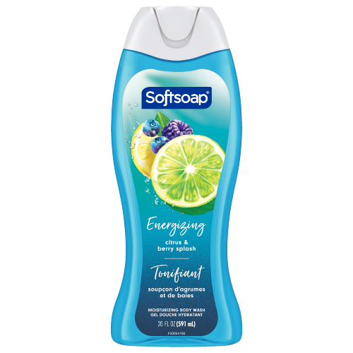 Front view of a 20 fl oz (591 mL) bottle of Softsoap Energizing Citrus and Berry Splash moisturizing body wash. The label features vibrant illustrations of a sliced lime, blueberries, and a blackberry.