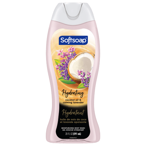 Front view of a 20 fl oz (591 mL) bottle of Softsoap Hydrating body wash with Coconut Oil and Calming Lavender. The label includes the French translation: Hydratant huile de noix de coco et lavande apaisante.