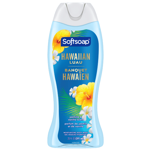 Softsoap Hawaiian Luau Moisturizing Body Wash and Shave Gel, Jasmine and Vanilla scent. 20 fluid ounce (591 milliliter) bottle with English and French labeling.
