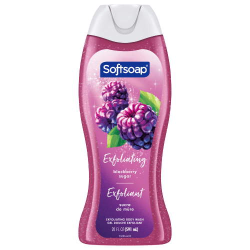 Front view of a 20 fluid ounce (591 mL) bottle of Softsoap Exfoliating Body Wash, Blackberry Sugar scent. The translucent purple bottle shows exfoliating beads. Label includes English and French text: "Exfoliating blackberry sugar" and "Exfoliant sucre de mûre."