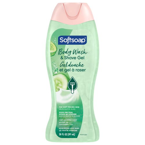 Softsoap 2 in 1 Moisturizing Body Wash and Shave Gel, Cool Cucumber scent. 20 fluid ounce (591 milliliter) bottle with English and French labeling.