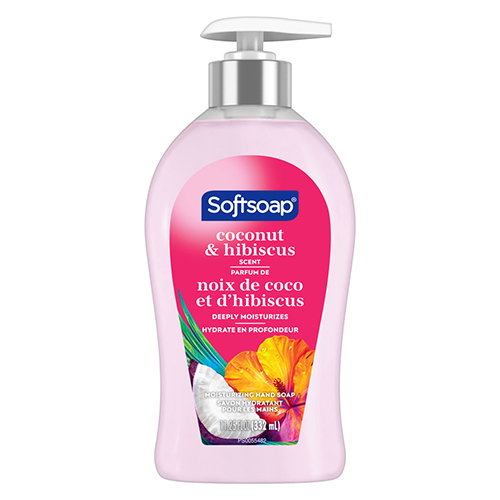 Softsoap coconut and hibiscus scent moisturizing liquid hand soap in an 11.25 fluid ounce pump bottle