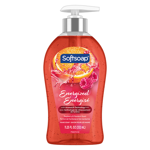 Softsoap Energized liquid hand soap with AromaLift Technology, raspberry and mandarin scent, in an 11.25 fluid ounce pump bottle