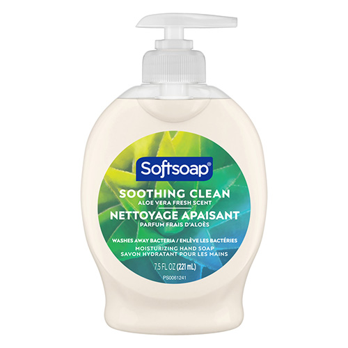 Softsoap Soothing Clean moisturizing liquid hand soap with aloe vera fresh scent in a 7.5 fluid ounce pump bottle.
