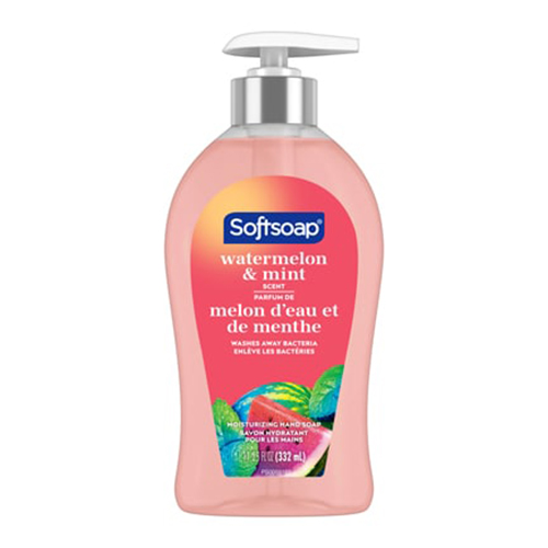 Softsoap moisturizing liquid soap with watermelon and mint scent in a 332 ml bottle with a dispenser.