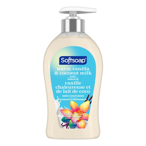 Softsoap moisturizing liquid hand soap with warm vanilla and coconut milk scent in a 11.25 fluid ounce pump bottle.