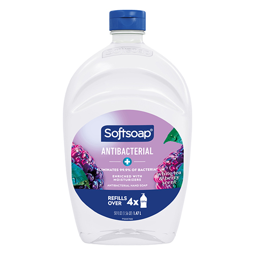 Softsoap Antibacterial liquid hand soap refill bottle, White Tea and Berry scent, 50 fluid ounces.
