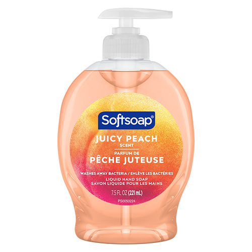 Softsoap Juicy Peach scent liquid hand soap in a 7.5 fluid ounce pump bottle