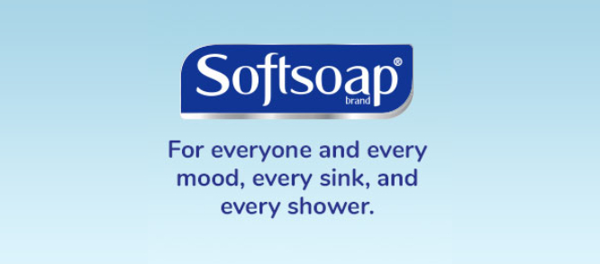 Softsoap logo above text: For everyone and every mood, every sink, and every shower, on a light blue gradient background.