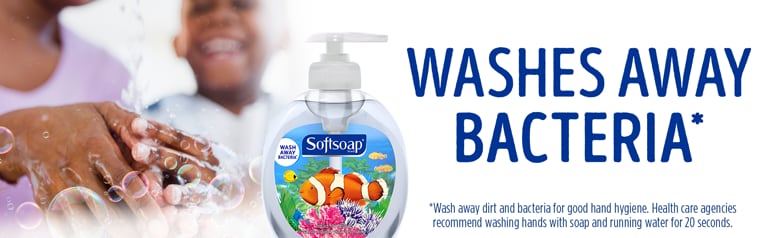 Softsoap Aquarium Series liquid hand soap with clownfish design and text: WASHES AWAY BACTERIA, featuring a family washing hands in the background.