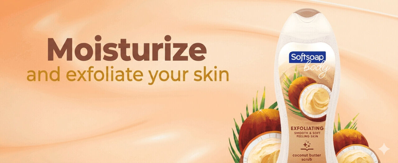 Bouteille de nettoyant exfoliant pour le corps Softsoap au beurre de coco sur fond crémeux avec le texte : Hydrate et exfolie votre peau.