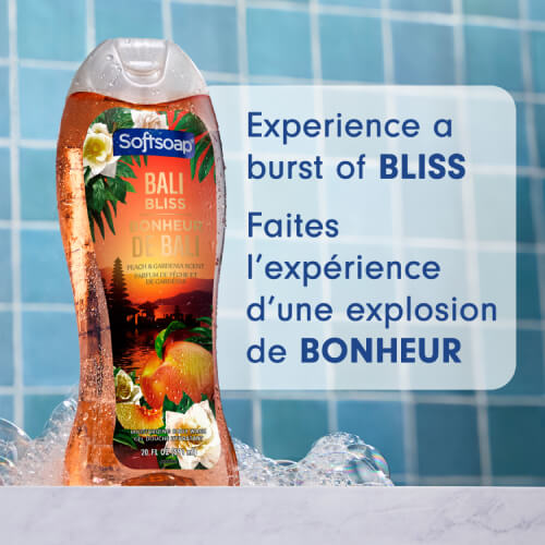 Softsoap Bali Bliss bottle on a marble ledge with bubbles against a blue background. Text in English and French reads: Experience a burst of bliss. Vivez une explosion de pur bonheur.