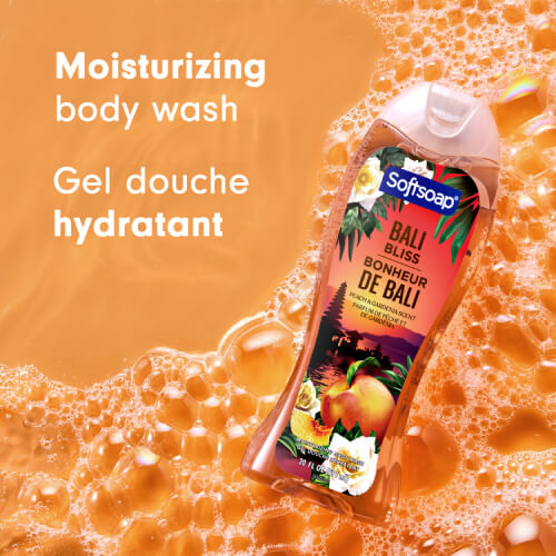 The Bali Bliss bottle displayed over a field of golden, translucent bubbles. Text in English and French reads: Moisturizing body wash. Gel douche hydratant.