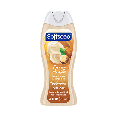 Front view of a 20-fluid-ounce bottle of Softsoap Creamy Moisture body wash, featuring creamy shea butter and almond oil. The label depicts a swirl of shea butter, a whole almond, and a green leaf.