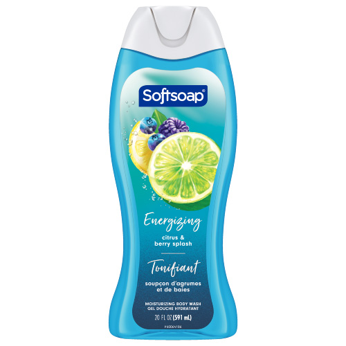 Front view of a 20 fl oz (591 mL) bottle of Softsoap Energizing Citrus and Berry Splash moisturizing body wash. The label features vibrant illustrations of a sliced lime, blueberries, and a blackberry.