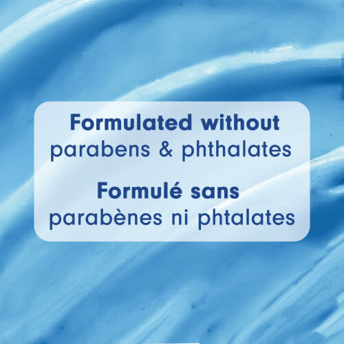A smooth, swirled blue gel texture background. Text overlay states "Formulated without parabens & phthalates" and "Formulé sans parabènes ni phtalates."