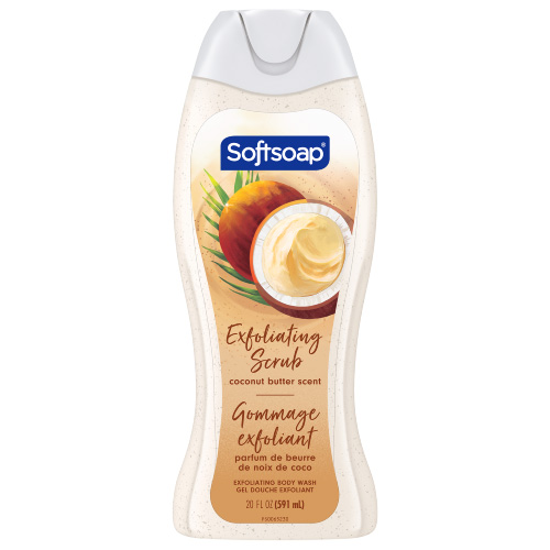 Front view of a 20-fluid-ounce bottle of Softsoap Coconut Butter Exfoliating Body Wash. The label depicts a whole coconut cut in half, revealing creamy white flesh and green leaves.