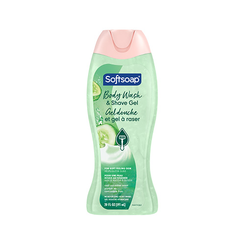 Softsoap 2 in 1 Moisturizing Body Wash and Shave Gel, Cool Cucumber scent. 20 fluid ounce (591 milliliter) bottle with English and French labeling.